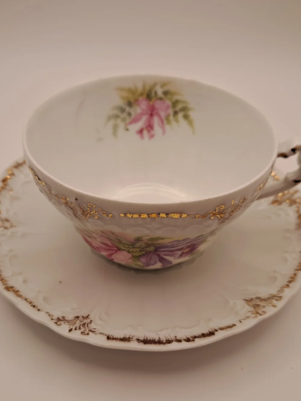 ​Antique Weimar Germany Porcelain Teacup Saucer Set Floral Orchid Gold Gilt Trim